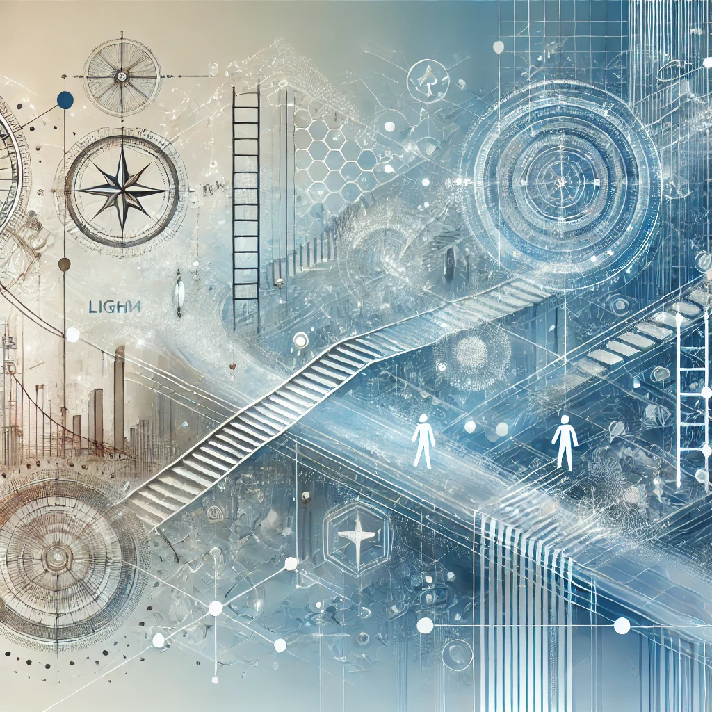 Abstract figures of stairs, compass signifying change in direction of career