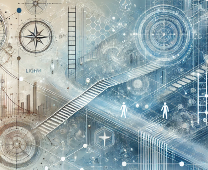 Abstract figures of stairs, compass signifying change in direction of career